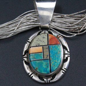 P SANCHEZ 30 STRANDS LIQUID STERLING SILVER NAVAJO INLAY NECKLACE